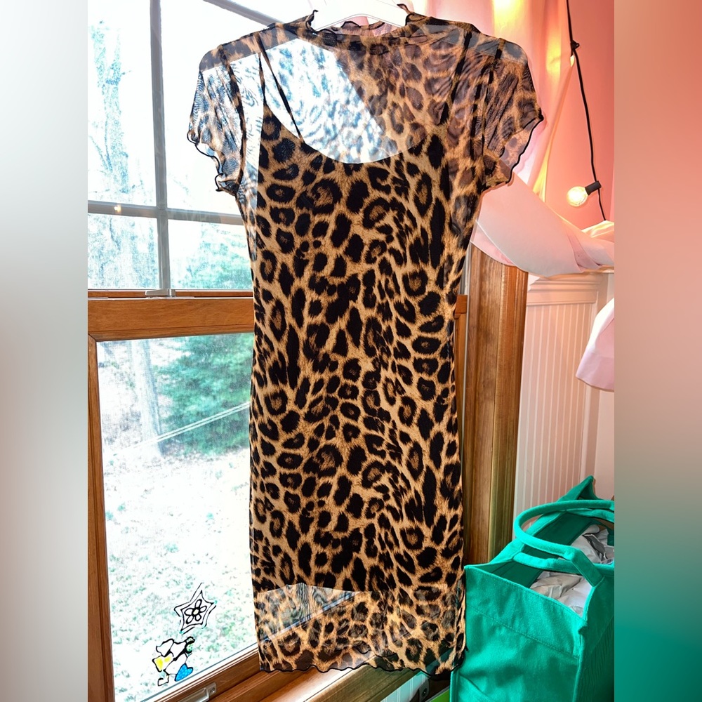 forever 21 sheer leopard dress with scalloped edge and slip underneath